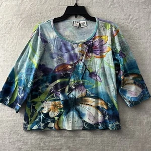 Take Two Womans Blouse Top Multicolor XL Floral Sequin Cotton Long Sleeve - Picture 1 of 8