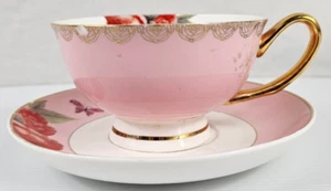 Taza de té vintage Crabtree & Evelyn con platillo rosa tema floral - Imagen 1 de 19