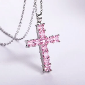 Silver & Pink Cross Necklace CZ Cubic Zircon Diamond Pendant,Jesus, Church,Bling - Picture 1 of 5