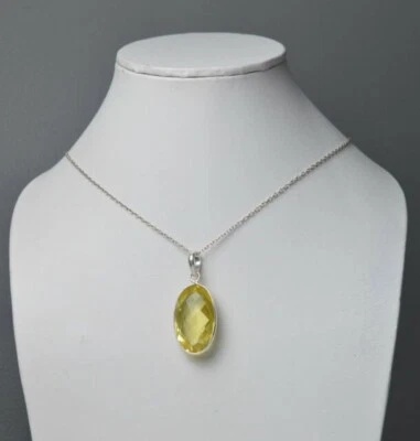 Collana Unisex In Argento Sterling 925 Con Grande Gemma Ovale Di Citrino Giallo - Immagine 1 di 4