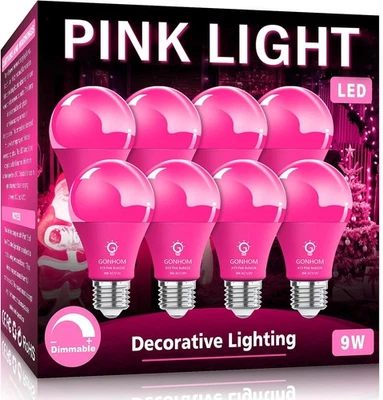 8 Pack A19 LED Pink Light Bulb,9 Watt Pink Lights Equivalent 100 Watt Colored - Image 1 of 4