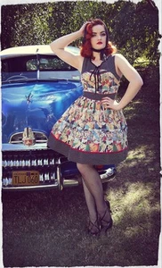 Kitten D’amour Kiss Me Darling Peekaboo Dress AU 10 - 12 Fit Flare Novelty Print - Picture 1 of 18