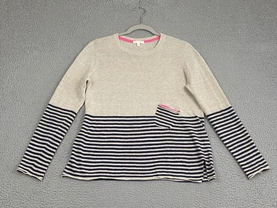 Suéter de bolso listrado Lisa Todd tamanho pequeno bege azul marinho rosa tripulação artística preppy - Imagem 1 de 4