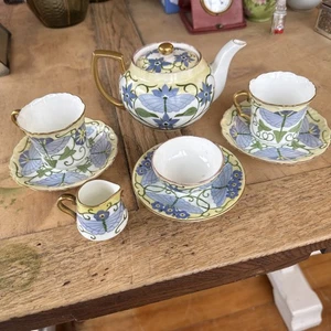 Antique Art Nouveau Fine English China Tea Set - Butterflies Flowers Blue Green - Picture 1 of 10