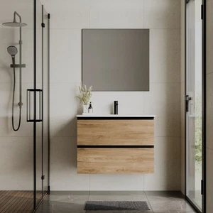 Akiro 800mm Wall Hung Bathroom Vanity Unit with Athena Basin - Walnut - Picture 1 of 6