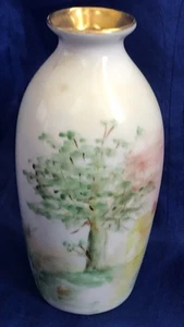 Antique 1924 Hand Painted Vase Trees House Lake Bridge Gilding Artist Signed - Picture 1 of 13