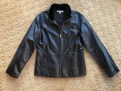 Anne Klein - Chaqueta de cuero marrón oscuro - Talla 4 - Cuero suave mantecoso - Cuello de piel Foto 1 de 4