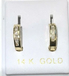 New 14K Yellow Gold SMALL Huggie SECURE Earrings w/Dia - Picture 1 of 2