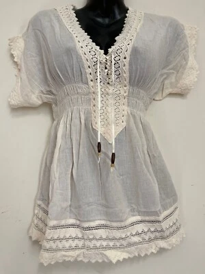 Perú BOHO BLUSA CAMPESINA GITANA HIPPIE Playa Peruana EXCELENTE Marfil PSB  Foto 1 de 4