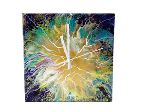 Abstract Wood Wall Clock Square 10" Modern Clock Gorgeous Vibrant Acrylic Pour - Picture 1 of 8