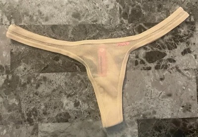 VICTORIA'S SECRET PINK XS BEIGE NUDE MESH NYLON VINTAGE RARE TINY THONG PANTIES - Image 1 of 4