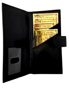 BILLETERA DE CUERO GENUINO NEGRO CON CAPACIDAD PARA 1,5,10,25,50 NOTAS DE ORO DORADO - Imagen 1 de 4