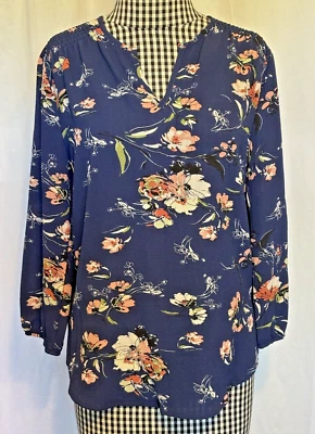fun2fun Anthropologie Blouse Women's XS Blue Floral Print Boho Top 3/4 Sleeve - Image 1 of 4