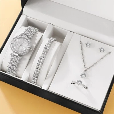 Set Luxury Orologio Bracciale Collana Orecchini Anello Strass Donna elegante - Immagine 1 di 4