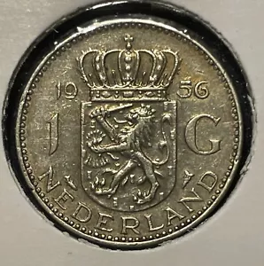Netherlands 1 gulden 1956 Wilhelmina KM#184 .720Ag Silver aVF B878 - Picture 1 of 8