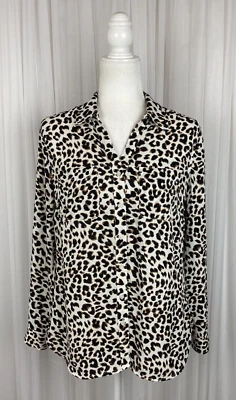Talbots Size S Ivory Black Brown Animal Print Button Up Long Sleeve Blouse - Image 1 of 4