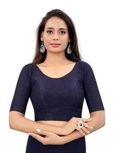 Round Neck Blouse Lycra Stretchable Elbow Sleeve Ready made Blouse Navy Blue - Picture 1 of 6