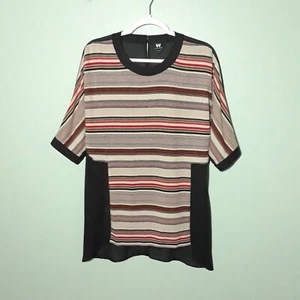W by Worth Tunic Top Blouse size P Petite XS, Striped Black Sheer Back Relaxed - Picture 1 of 11