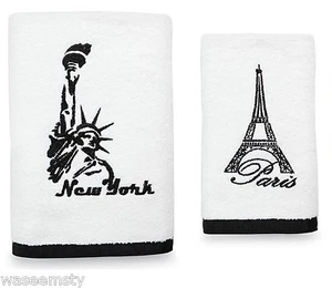 Postcard Travel Paris Eiffel Tower New York Statue Liberty Embroidered Towel Set - Picture 1 of 1