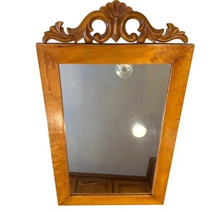 Antique Maple Wood Framed Wall Mirror With Ornate Carved Top Design Vintage - Picture 1 of 18