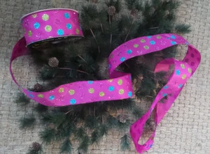 Ribbon wire edge Pink w/ Glitter multi color polka Dots  2.5" Wide 5 Yds - Picture 1 of 3