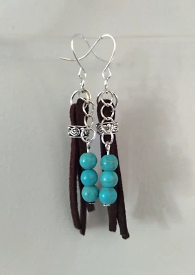 Suede Fringe Tassel Earrings Turquoise Blue Howlite Stone Bead Handmade Cowboy - Image 1 of 4