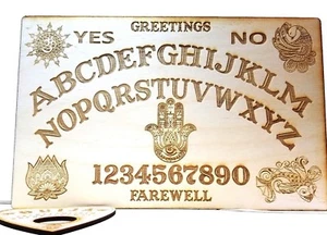 Tablero y planchette Ouija de madera con mano de Hamsa, loto y Namaste - hechos a mano - Imagen 1 de 12