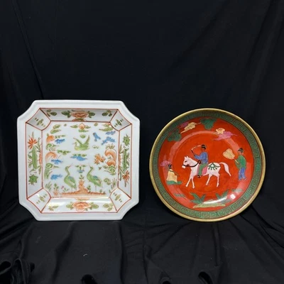 复古手绘瓷盘碗套装黄铜边缘东方亚洲火炬 — 第 1/4 张图片