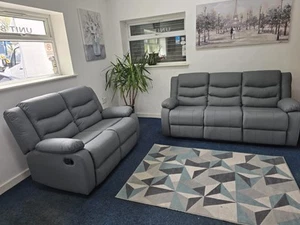 Grey 3+2 Seater Roma Recliner Air Leather Sofa Without a cup holder - Picture 1 of 8