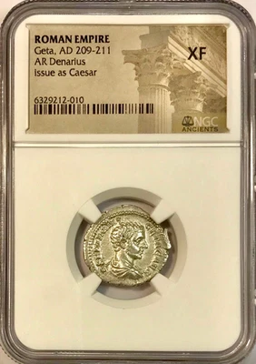 Moeda denário de prata romana antiga 209-211 AD Geta NGC XF extremamente fina - Imagem 1 de 4