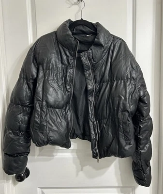 Double Zero Faux Leather Puffer Jacket SZ L | Cropped, Zipper Front, Black - Image 1 of 2