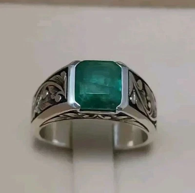 Anillo Esmeralda Verde Tierra Extraída Natural, Anillos Esmeralda Real Plata de Ley 925 Foto 1 de 3