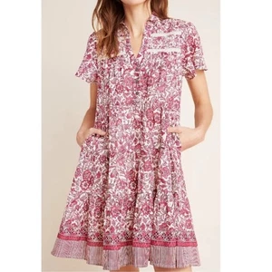 Camicia Anthropologie Georgina a strati maniche corte tasche pizzo rosso grande - Foto 1 di 16