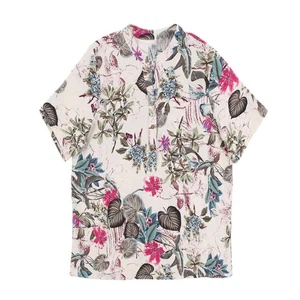 Elegante Mujer Cuello en V Manga Corta Top Estilo Lino Completo Flores Bed7071 - Imagen 1 de 10