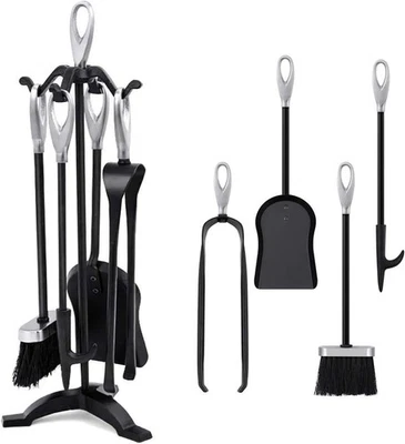 Amagabeli 5 pezzi 64 cm Set di attrezzi per camino Manici in argento Accessori p - Immagine 1 di 4