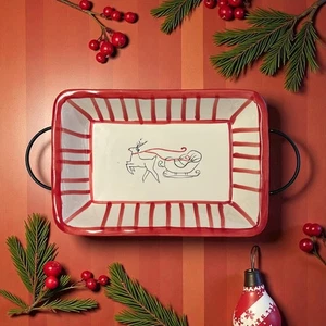 Pia Weihnachten Keramik 8,5” x 12,5” Schale Rentier & Schlitten schwarz Metallständer - Bild 1 von 8