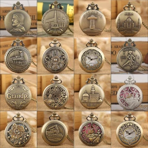 Vintage Women Men Bronze Quartz Pocket Watch with Necklace Pendant Chain Gifts - Picture 1 of 31