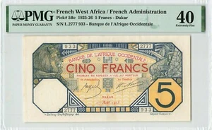 FRENCH WEST AFRICA 5 Francs - Dakar 1925, P-5Bc, PMG 40 EF, Rare Grade, Pretty - Picture 1 of 2