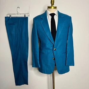 Bachrach Men’s Suit - Blue Solid Jacket 38R & 31W Pants Linen - Picture 1 of 13