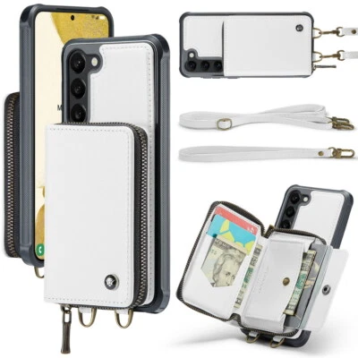 Zipper Leahter Wallet Crossbody Strap Phone Case Cover for Samsung S21 S22 S23 - Image 1 of 4