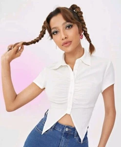Junior Large Crop Tops Off Ivory White Button Blouse Sexy - Picture 1 of 6