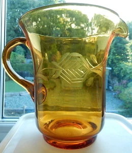 Vintage Glass WATER JUG PITCHER Mouth Blown Cut Amber 7 3/8" 3 PINTS Lemonade - Picture 1 of 12