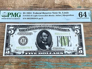 $5 1934 1955-H St Louis LGS FRN PMG 64EPQ - LIGHT GREEN SEAL - Picture 1 of 2