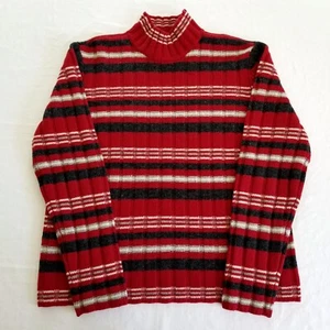 Vintage Gap 100% Lambswool Red Gray Stripe 90s Mockneck Pullover Sweater Large - Bild 1 von 4