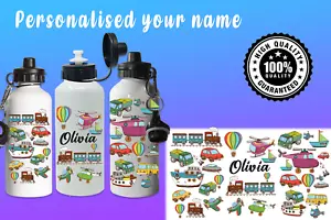 Personalised Custom Your Name Water Bottle Babies Kids Cars Buses Toys Birthday - Picture 1 of 11