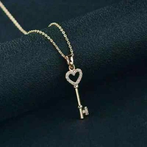 0.50Ct Lab Created Diamond Love Heart Key Shape Pendant 14K Rose Gold Plated 18" - Picture 1 of 4