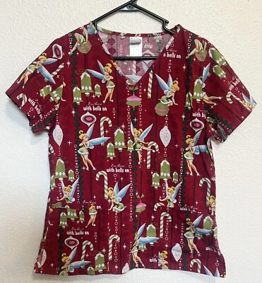 Disney Динь-Динь Размер XS Рождественский Скраб Топ Красные Украшения Конфетные Трости - Изображение 1 из 3