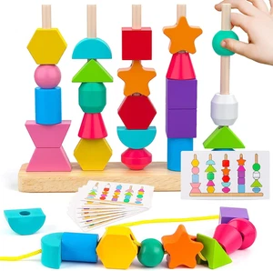 Juego de juguetes de secuenciación de cuentas de madera Montessori, bloques apilables y cuentas con cordones y tapete - Imagen 1 de 12