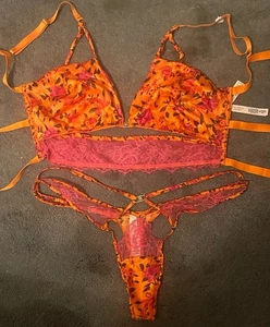 Victoria’s Secret Pink Orange Floral Tropical Satin Bra Top Panty set XL L - Picture 1 of 7