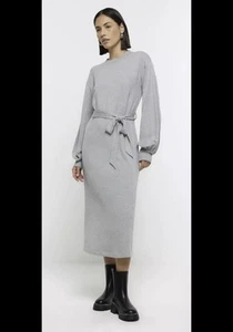 👉RI⭐️Womens❤️ Midi Dress Grey Shirred Waist Crew Neck Long Sleeve🌺Size 14🍀 - Picture 1 of 7